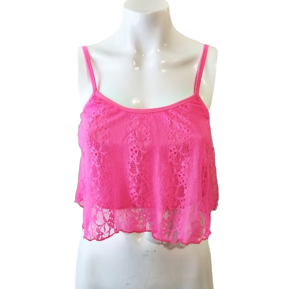 Vibrant pink lacey crop tank top - Picture 1 of 5